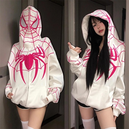 Y2k Streetwear Spider Web Oversize Fermuarlı Beyaz Unisex Kapüşonlu Hırka