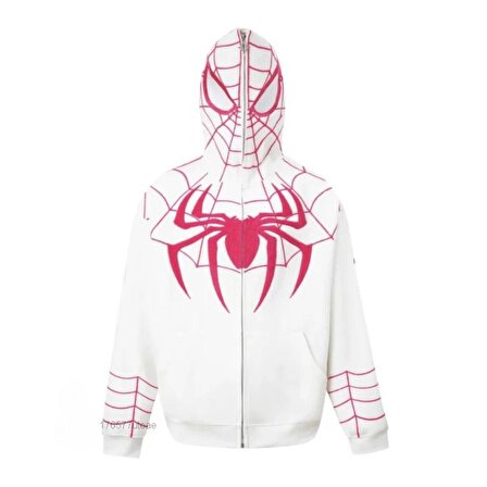 Y2k Streetwear Spider Web Oversize Fermuarlı Beyaz Unisex Kapüşonlu Hırka
