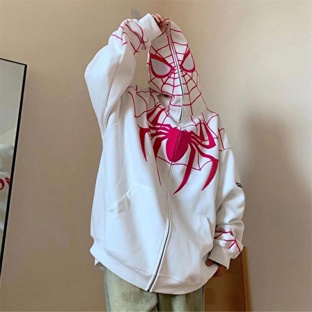 Y2k Streetwear Spider Web Oversize Fermuarlı Beyaz Unisex Kapüşonlu Hırka