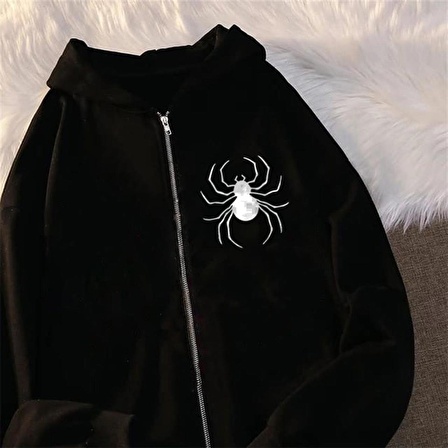 Dangerous Spider Ön-Arka Baskılı Oversize Fermuarlı Siyah Unisex Kapüşonlu Hırka