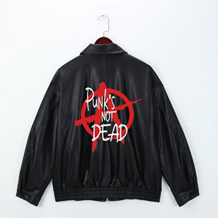 Punk's Not Dead Baskılı Streetwear Siyah Oversize Unisex Astarlı Deri Ceket