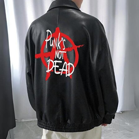 Punk's Not Dead Baskılı Streetwear Siyah Oversize Unisex Astarlı Deri Ceket