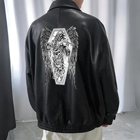 Gothic Angel Skeleton Baskılı Streetwear Siyah Oversize Unisex Astarlı Deri Ceket