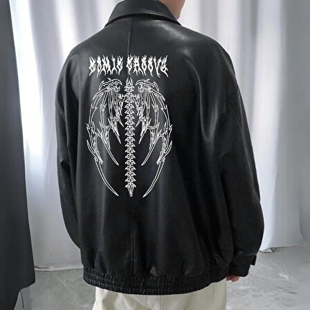 Tribal Skeleton Baskılı Streetwear Siyah Oversize Unisex Astarlı Deri Ceket