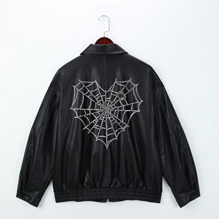 Gothic Spider Baskılı Streetwear Siyah Oversize Unisex Astarlı Deri Ceket
