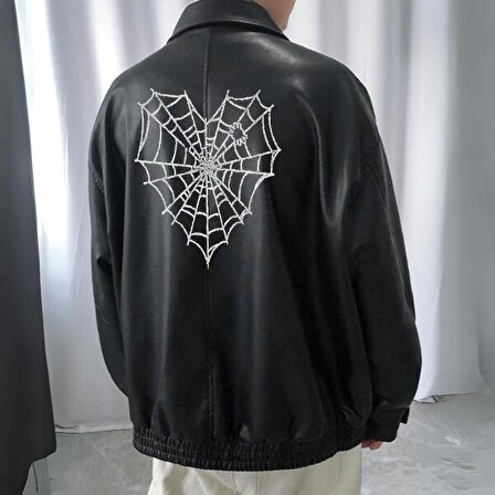 Gothic Spider Baskılı Streetwear Siyah Oversize Unisex Astarlı Deri Ceket