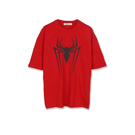 Spider Baskılı Kırmızı Unisex Oversize T-shirt