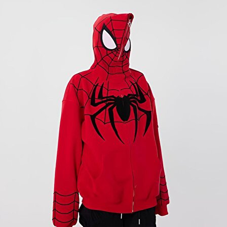 Y2k Streetwear Spider Web Oversize Fermuarlı Kırmızı Unisex Kapüşonlu Hırka
