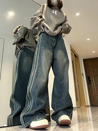 Y2K Newstyle Limde Detail Vintage Wide Leg Jean Bol Paça Kot Pantolon