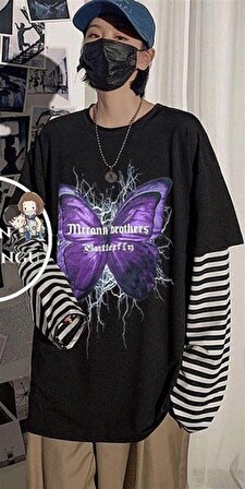 Gothic Harajuku Butterfly Siyah Oversize Unisex Uzun Kollu T-Shirt