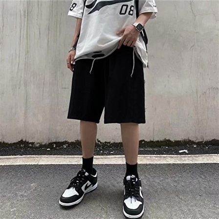 Touz Harajuku Düz Siyah Penye Unisex Şort