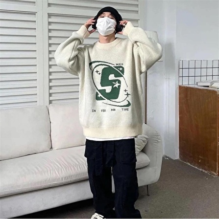 Harajuku Vintage Unisex Krem Oversize Kazak