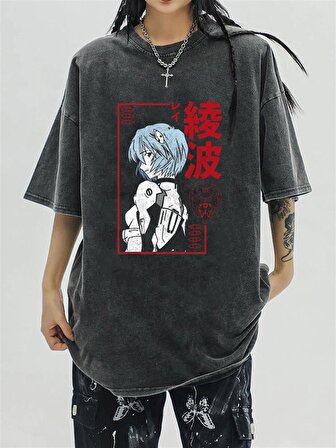 Yıkamalı Rei Ayanami Unisex Eskitme T-shirt