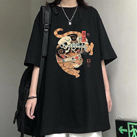 Skeleton Cat Siyah Unisex Oversize T-shirt