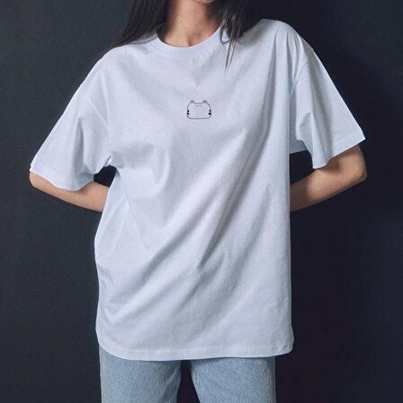 Kedi İllustrasyonlu Oversize Unisex Tshirt