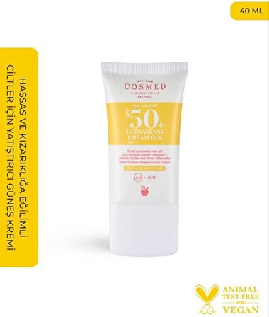 Cosmed Sun Essential Ultrasense Cream Gel Hassas ve Kızarıklığa Eğilimli Ciltler İçin Yatıştırıcı Sakinleştirici Yüz Güneş Kremi - Yeni Nesil Filtreler 40 ml
