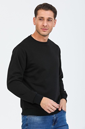 Siyah Kapüşonsuz Bisiklet Yaka Basic Sweatshirt