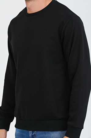 Siyah Kapüşonsuz Bisiklet Yaka Basic Sweatshirt