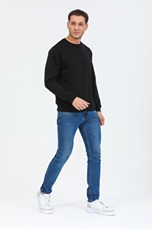 Siyah Kapüşonsuz Bisiklet Yaka Basic Sweatshirt