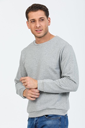 Gri Melanj Kapüşonsuz Bisiklet Yaka Basic Sweatshirt