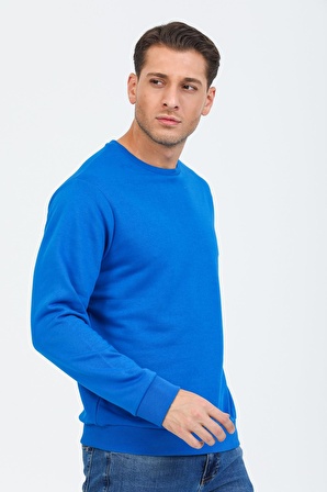 Saks Mavisi Kapüşonsuz Bisiklet Yaka Basic Sweatshirt