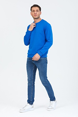 Saks Mavisi Kapüşonsuz Bisiklet Yaka Basic Sweatshirt