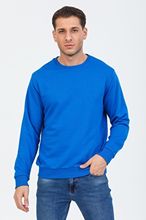 Saks Mavisi Kapüşonsuz Bisiklet Yaka Basic Sweatshirt