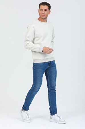 Bej Kapüşonsuz Bisiklet Yaka Basic Sweatshirt