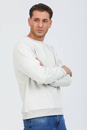 Bej Kapüşonsuz Bisiklet Yaka Basic Sweatshirt