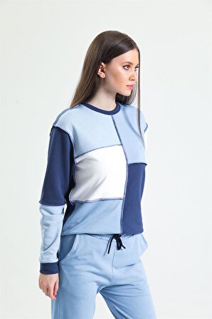 Lacivert Basic Parçalı Patchwork Sweatshirt