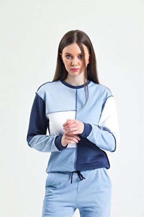 Lacivert Basic Parçalı Patchwork Sweatshirt