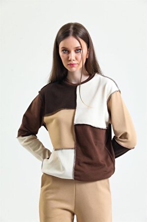 Kahverengi Basic Parçalı Patchwork Sweatshirt