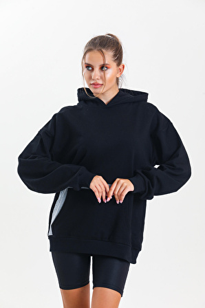 Siyah Kapüşonlu Çift Kanguru Cepli Oversize Sweatshirt 