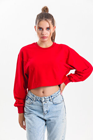 Kırmızı Oversize Crop Sweatshirt