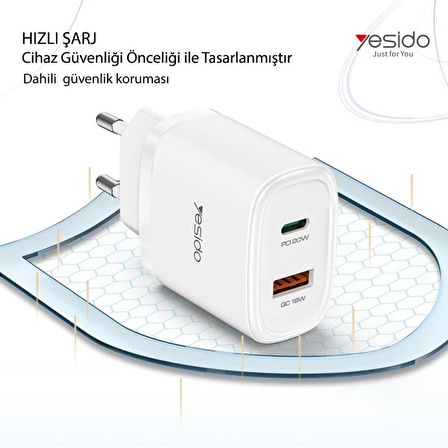 Yesido YC50 20W Type-C / 18W Usb Girişli ve 1M 60W Type-C to Type-C Kablolu PD Şarj Cihazı - Siyah