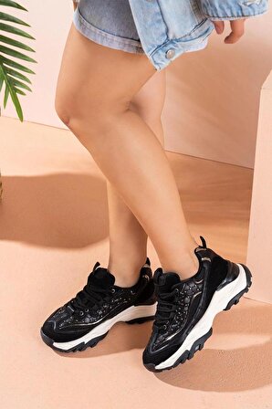Siyah Kadın Spor Bağcıklı Troklu Spor Ayakkabı Marjin