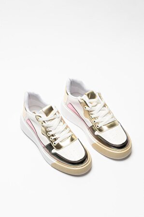 Beyaz Kadın Sneaker Bağcıklı Pembe Gold Detaylı Sneaker Elle