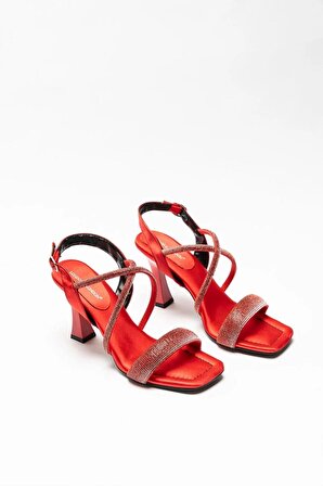 Kırmızı Kadın Saten Topuklu Taslı Bantlı Abiye Ayakkabı Mila