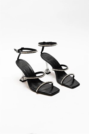 Siyah Kadın Şeffaf Topuklu Taşlı Bantlı Topuklu Abiye Ayakkabı Melisa