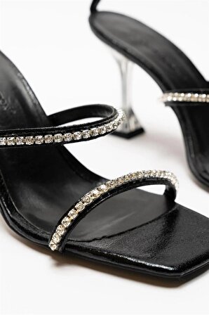 Siyah Kadın Şeffaf Topuklu Taşlı Bantlı Topuklu Abiye Ayakkabı Melisa