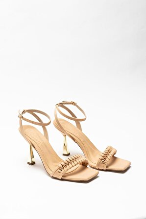 Nut Kadın Örgü Detaylı Gold Topuk Bilekten Bağlamalı Topuklu Abiye Ayakkabı Alina