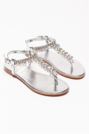 Gümüş Kadın Parmak Arası Bilekten Bağlamalı Taş Detaylı Sandalet