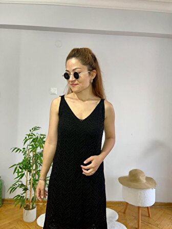 Askılı Ajurlu Yazlık Triko Elbise-Siyah