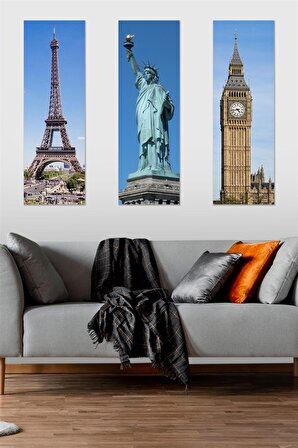 3 Parça Paris New York Londra Desenli Mdf Duvar Tablosu