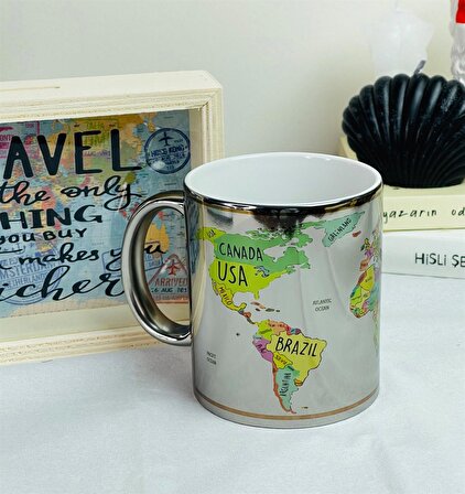 Travel Journal Tasarımlı Ahşap Kumbara Ve Dünya Haritası Gümüş Kupa Set