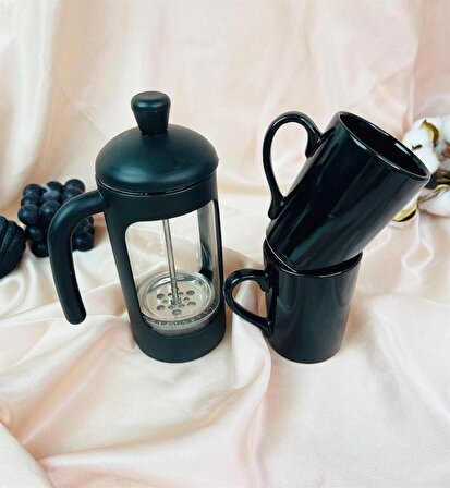 2'li Siyah Renk Filtre Kahve Fincanı Ve French Press Set