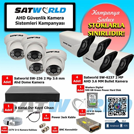 Satworld 2 Megapiksel HD 1920x1080 Bullet - Dome Güvenlik Kamerası Seti 8'li