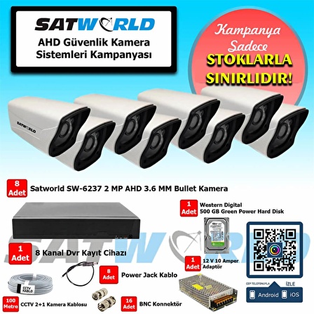 Satworld 2 Megapiksel HD 1920x1080 Bullet Güvenlik Kamerası Seti 8'li