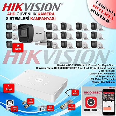 Hikvision 2 Megapiksel HD 1920x1080 Bullet Güvenlik Kamerası Seti 16'lı