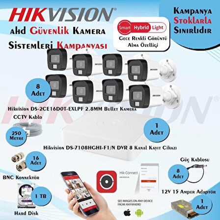 Hikvision Smart Hybrid Light AHD 8 Adet Bullet Kamera 2 Mp Güvenlik Kamera Seti